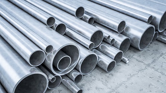 an image of some steel pipes in a warehouse